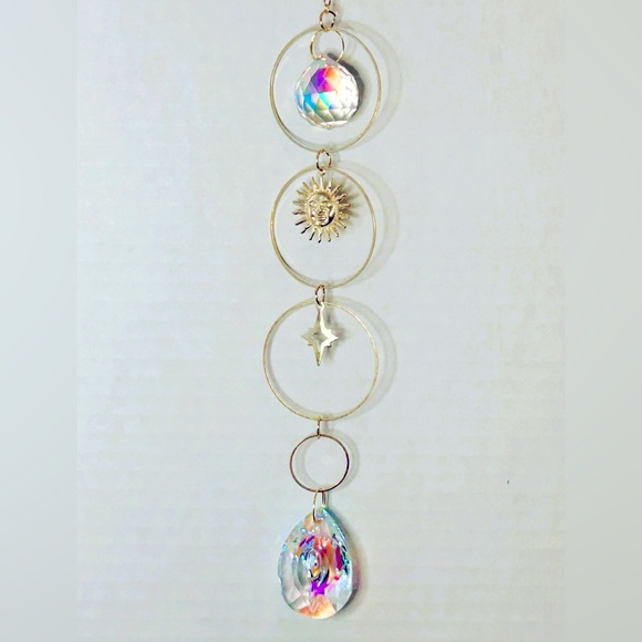 Hanging Gold Crystal Suncatcher Colorful Prism Pendant 16in - Picture 2 of 5